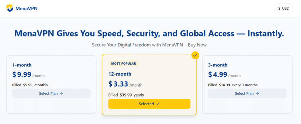 MenaVPN Pricing Structure